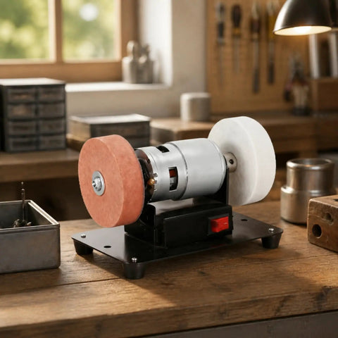 Badass Compact Bench Grinder With Dual Wheel Grit Setup Sleek Steel Body Heavy Duty Motor Housing Quick Swap Stones Shop Ready No Drama Finish For Real Jobs on workbench with dual grinding wheels.