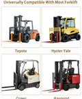 Four forklifts in a grid: Toyota, Hyster-Yale, Crown, and Raymond models with visible pallet forks.