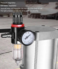 Built Rugged 20 Liter Grease Gun With 80 To One Pressure Ratio And High Temperature Resistant Construction Works Like A Charm On Heavy Machinery Featuring Zero Hassle 360 Degree Swivel Head And Smooth Hydraulic Hose showing pressure regulator and oil-water separator.