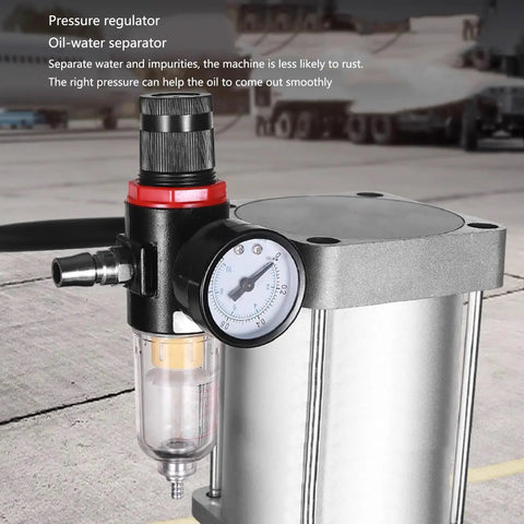 Built Rugged 20 Liter Grease Gun With 80 To One Pressure Ratio And High Temperature Resistant Construction Works Like A Charm On Heavy Machinery Featuring Zero Hassle 360 Degree Swivel Head And Smooth Hydraulic Hose showing pressure regulator and oil-water separator.
