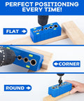 Drill Block Guide Set For Straight Holes with 9 Brad Point Bits shown on flat, corner, and round surfaces.