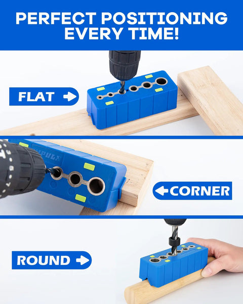 Drill Block Guide Set For Straight Holes with 9 Brad Point Bits shown on flat, corner, and round surfaces.