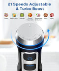 Powerful 1000W Immersion Blender 5 In 1 Handheld Electric Mixer with 21 Speeds Turbo Mode control dial close-up view