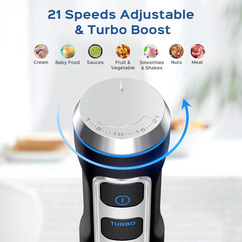 Powerful 1000W Immersion Blender 5 In 1 Handheld Electric Mixer with 21 Speeds Turbo Mode control dial close-up view