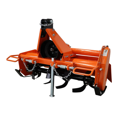 Beastly Three Point Rotary Tiller for Class 1 Tractors, 3.8 Foot Wide, visible L-shaped blades, designed for heavy duty farm use