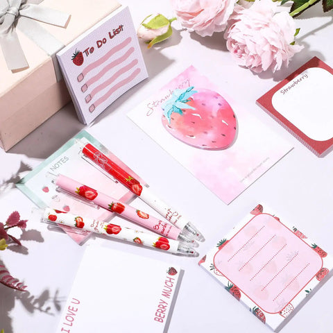 Strawberry Themed Stationery Set With 12 Cute Pens And 6 Strawberry Sticky Notes, A Perfect Gift For Women Students Nurses Teachers Coworkers On Valentines Or Baby Shower, Fun Colorful Office School Supplies, featuring pens and sticky notes