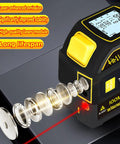 4-In-1 Laser Tape Measure With 5m Tape And 100m Laser Rangefinder, Crosshair Markings, Dual-Axis Level, Backlit LCD, Tripod Mount Ready, Great For Pros And DIY Projects. Close-up of laser module