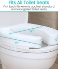 Toilet Seat Cushion Soft Foam Donut Pad For Elongated And Standard Seats on toilet, showing dimensions and snug fit