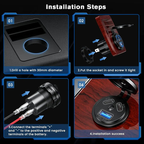 Installation steps for Heavy Duty Road Warrior Plug And Play Car Charger Dual Port Type C USB Socket with easy assembly guide.