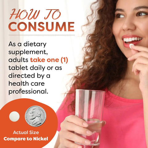 Woman holding a glass of water, taking a Straight Up Fast Acting Lactase Enzyme Tablet, 3000 FCC Units, dietary supplement.