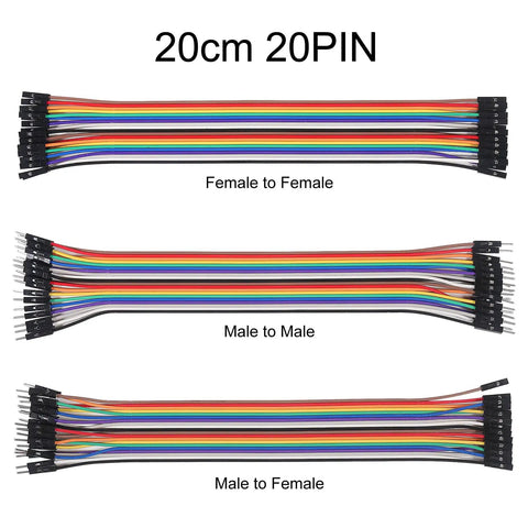 20cm 20PIN jumper wires set, female to female, male to male, and male to female multicolored Dupont cables