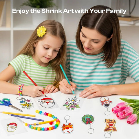 Mother and daughter using 36 Piece Shrink Plastic Sheets for Shrinky Art DIY crafts, showing completed ornaments on table.