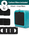 Compact Soldering Fume Extractor That Busts Soldering Smoke With Dual Activated Carbon Filters For PCB Soldering And Electronics Repair Built In Switch Eight Carbon Filters Included Two Stage Airflow Keeps Your Workbench Clean, showing eight filters and extractor.