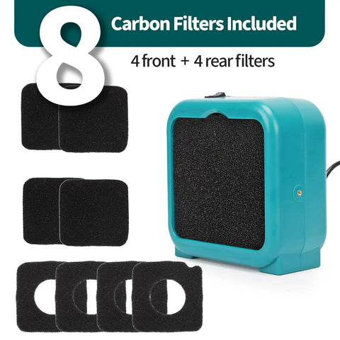 Compact Soldering Fume Extractor That Busts Soldering Smoke With Dual Activated Carbon Filters For PCB Soldering And Electronics Repair Built In Switch Eight Carbon Filters Included Two Stage Airflow Keeps Your Workbench Clean, showing eight filters and extractor.