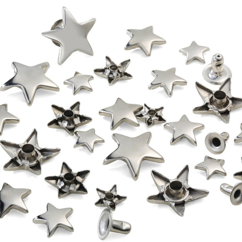 Dope 200 Sets Leather Rivets Kit With Star Studs For Leather Crafting And Repair Ideal For Jackets Shoes Bags Belts Purses And More Includes 2 Rivet Tools And Clear Storage Box showing star-shaped metal rivets