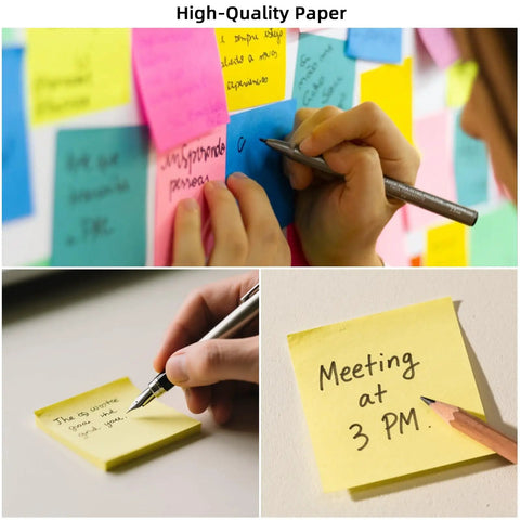 Person writing on 24 Pack 3x3 Inch Sticky Notes In Bright Colors Self Stick Pads For Home Office And Notebook Use With Strong Adhesive
