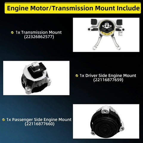 Engine Mount And Transmission Mount Kit For X3 RWD 2019 2020 2021 2022 2023 2024 2.0L Three Piece Set, showing three mounts.