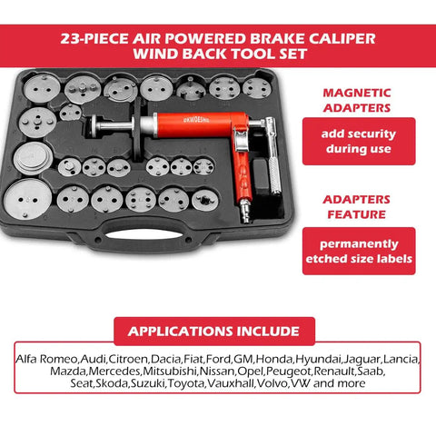 23-piece air powered brake caliper wind back tool set in black case with adapters, Pneumatic Brake Caliper Compression Tool Kit displayed