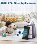 Child and dog in living room with air purifier and Replacement 4 Filter And 8 Carbon Filter Set For Holmes AER1 True Filter