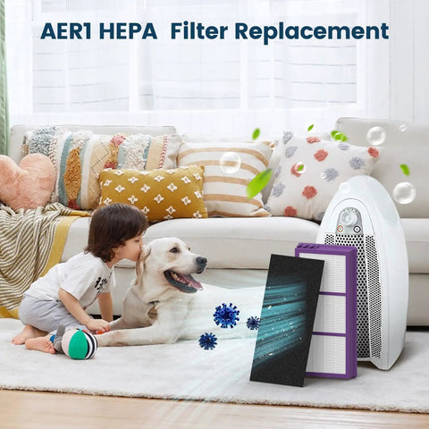 Child and dog in living room with air purifier and Replacement 4 Filter And 8 Carbon Filter Set For Holmes AER1 True Filter