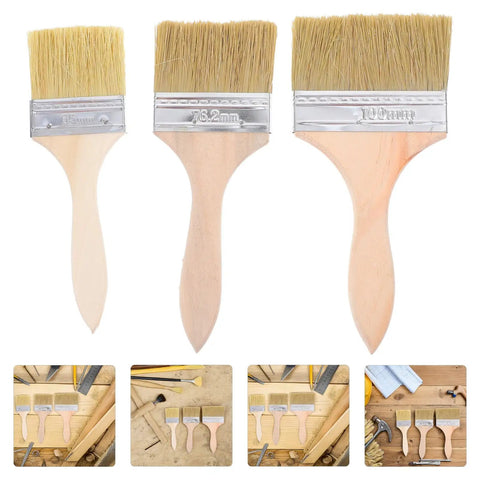 Three Piece Paint Brush Set For Deck, Fence, Wall Stain, Durable Wood Handle Workhorse Brushes With Comfortable Grip For Indoor Outdoor Projects, Perfect For Staining, Painting, And Wood Finishing displayed on a wood surface