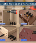 Top Shelf Countersink Drill Bit Set With 1/4 Inch Hex Shank, Titanium Coated 82 Degree Adjustable Depth Guides For Fast Clean Woodwork, Rock Solid 14 Piece No Hassle Heavy Duty Shop Kit shown drilling into plywood, hardwood, softwood, and MDF.