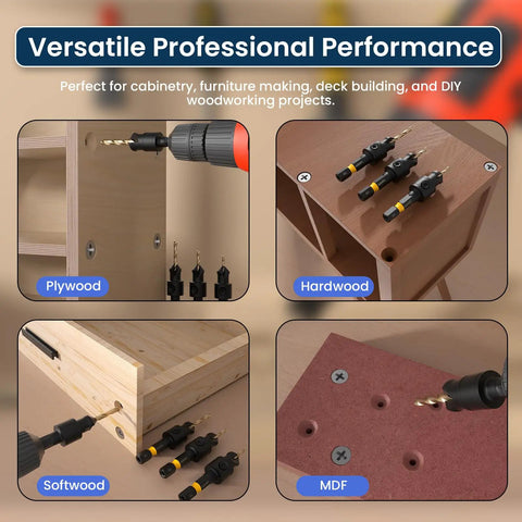 Top Shelf Countersink Drill Bit Set With 1/4 Inch Hex Shank, Titanium Coated 82 Degree Adjustable Depth Guides For Fast Clean Woodwork, Rock Solid 14 Piece No Hassle Heavy Duty Shop Kit shown drilling into plywood, hardwood, softwood, and MDF.