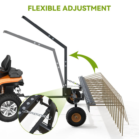 60 Inch Tow Behind Dethatcher For Lawn And ATV, Heavy Duty Lawn Rake With 24 Spring Steel Tines, Lift Handle, adjustable arms
