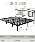 Classic King Size Metal Bed Frame With Sculpted Headboard And Vintage Romance Vibes Built Rock Solid On Thick Black Steel With Thirteen Hardened Slats For A Dead Silent Rest Plus Twelve Inch Underbed Storage For Super Easy Room Setup dimensions and design.