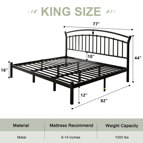 Classic King Size Metal Bed Frame With Sculpted Headboard And Vintage Romance Vibes Built Rock Solid On Thick Black Steel With Thirteen Hardened Slats For A Dead Silent Rest Plus Twelve Inch Underbed Storage For Super Easy Room Setup dimensions and design.