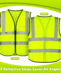 Heavy Duty Reflective Safety Vests Twenty Pack with zippered mesh top, fluorescent green, front and back views showing four reflective strips.