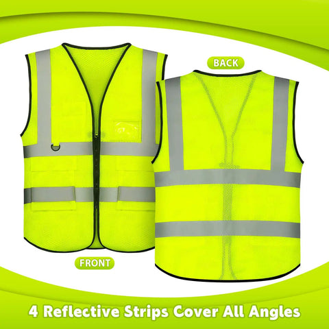 Heavy Duty Reflective Safety Vests Twenty Pack with zippered mesh top, fluorescent green, front and back views showing four reflective strips.