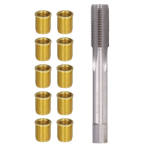 Heavy Duty Thread Repair Kit With 10 Stainless Steel Inserts And M14x1.25 Tap For Quick Rethreading And Durable Fixes On Stripped Bolts Or Nuts That Need Serious Grit And Reliability For Tough Jobs. Brass inserts and steel tap
