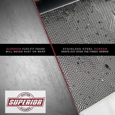 Raised Stainless Steel Gutter Guard Screen Kit for 5 Inch Gutters, DIY Install, 48 Ft Coverage, Micro Mesh close-up with logo.