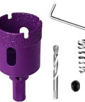 Front view of colorful five piece diamond hole saw set with spring pilot bit for ceramic porcelain tile marble granite brick wall dry brazing diamond drill bits 5/8 to 1-3/8 inch color coded.