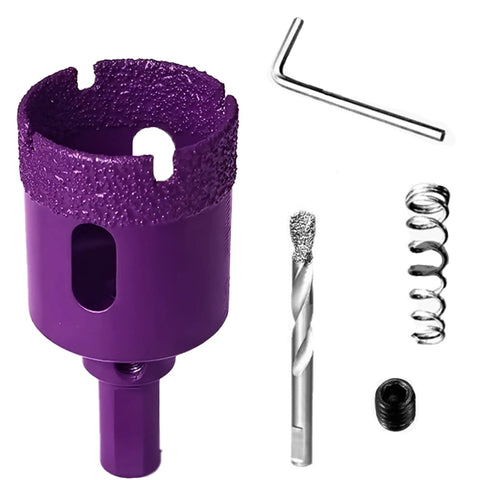 Front view of colorful five piece diamond hole saw set with spring pilot bit for ceramic porcelain tile marble granite brick wall dry brazing diamond drill bits 5/8 to 1-3/8 inch color coded.
