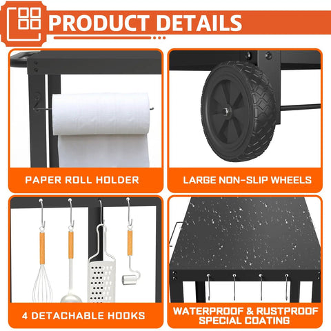 32x20IN Double Shelves Grill Table Movable Outdoor Grill Cart with paper holder, wheels, hooks, and waterproof coating