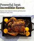 Seasoned Cast Iron Casserole Pan 9 By 13 Inch Heavy Duty Bake Dish for Everyday Cooking with roast chicken and lemons.