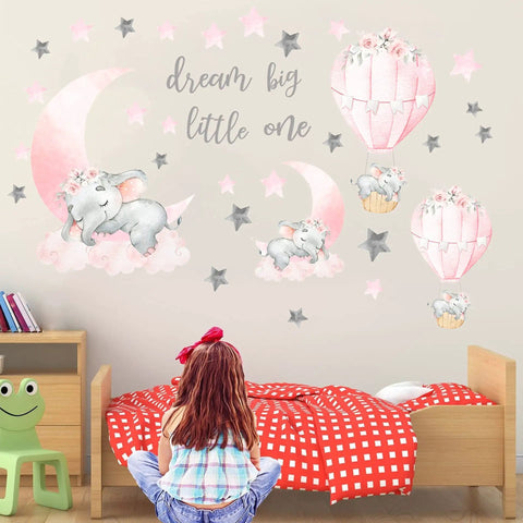 Whimsical Elephant Wall Stickers Set With Pink Moon And Grey Stars For Nursery And Kids Room, Hot Air Balloon Decor, child watching decal