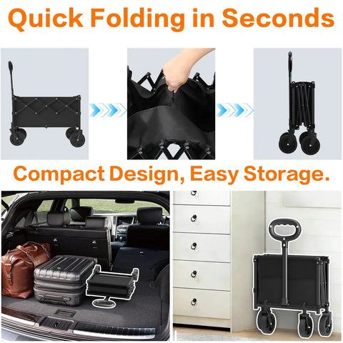 Foldable Utility Wagon Cart With Wheels, Heavy Duty Hauler Capable Of 360 Lbs, compact design for easy storage in trunk and indoors
