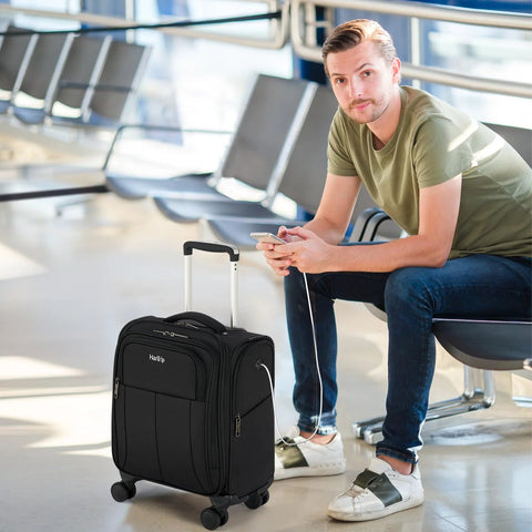 Front view of HanTrip 16-inch underseat carry-on luggage, black softside with wheels and pockets