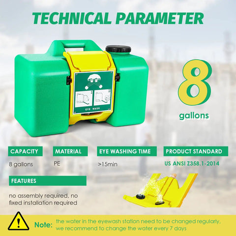 Heavy Duty Portable Eye Wash Station Featuring Eight Gallon Tank for Rapid Emergency Care, green plastic tank with eye wash instructions.