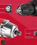 Close-up of 20V Cordless Drill And Impact Driver Combo Kit With Half Inch Hammer Drill And Quarter Inch Impact Driver chucks