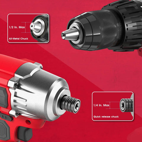Close-up of 20V Cordless Drill And Impact Driver Combo Kit With Half Inch Hammer Drill And Quarter Inch Impact Driver chucks