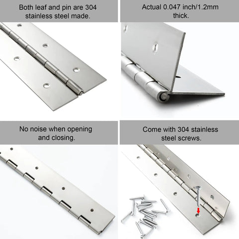 Heavy Duty Piano Hinge 30 Inch By 2 Inch Width 304 Stainless Steel Continuous Gate Hinge For Tough Cabinet Doors And Workshop Gear Built Like A Tank For Any Setup, showing hinge detail and screws.