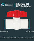 Heavy Duty 3/4 X 3/4 Inch Schedule 40 PVC Quarter Turn Ball Valve With Slip Fit Ends Rated At 150 Psi on dark background.