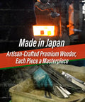Crafting 13 Inch Weeding Sickle Nejiri Kama - Pro-Grade Japanese Hand Weed Puller Garden Hoe with glowing forge in the background.