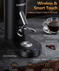 No Fuss Portable Rechargeable Conical Burr Coffee Grinder With 60 Precision Settings And Usb C Quick Charge Battery Powered Espresso Grinder With Bellows Hopper For Straight Up Fresh Cup Joy on a countertop with coffee beans.