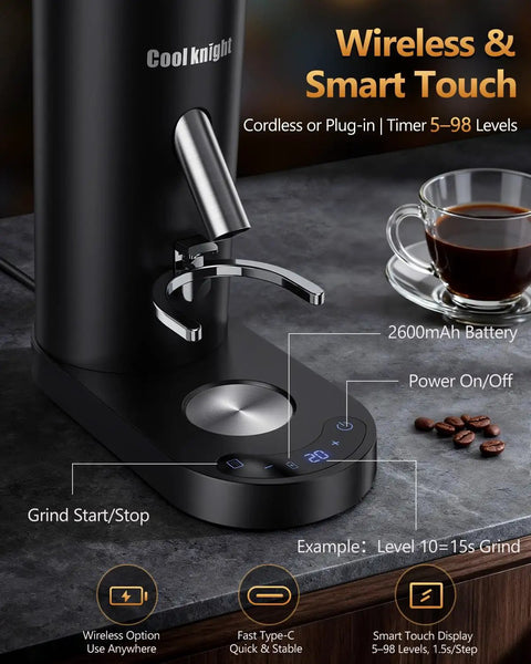 No Fuss Portable Rechargeable Conical Burr Coffee Grinder With 60 Precision Settings And Usb C Quick Charge Battery Powered Espresso Grinder With Bellows Hopper For Straight Up Fresh Cup Joy on a countertop with coffee beans.