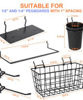 Pegboard Organizer Kit 18 Pack With Hooks Baskets Cups And Trays For Garage Workshop And Craft Room Universal One Eighth And One Quarter Inch Pegboards showing multiple accessories with measurements